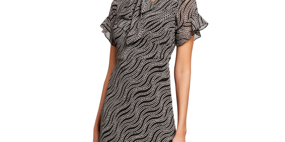 Michael Kors Women's Chain Mix Tie Neck Flounce Dress Black Size 2XL