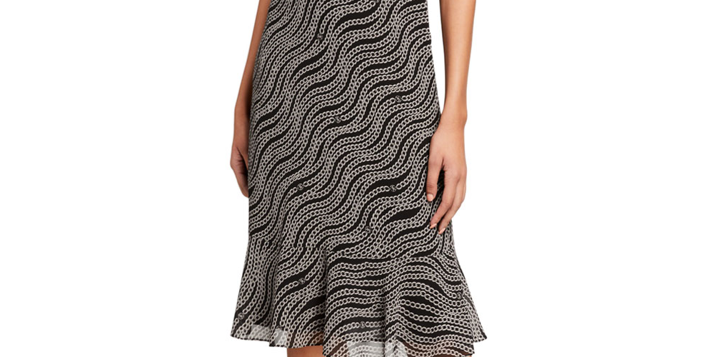 Michael Kors Women's Chain Mix Tie Neck Flounce Dress Black Size 2XL