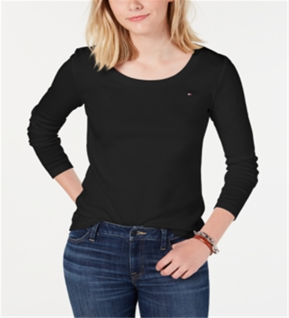 Tommy Hilfiger Women's Cotton Long Sleeve Flag T-Shirt Black Size X-Small