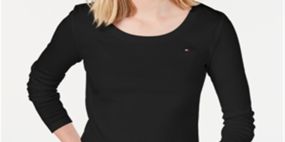 Tommy Hilfiger Women's Cotton Long Sleeve Flag T-Shirt Black Size X-Small