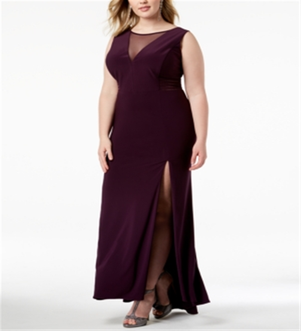 Morgan & Company Women's Trendy Plus Mesh Inset Gown Purple Size 16W