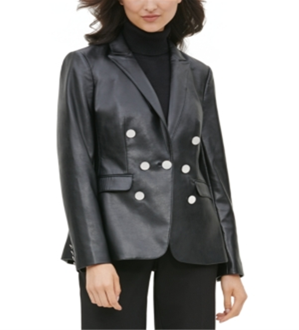 Calvin Klein Women's Faux Leather Button Blazer Black Size 2