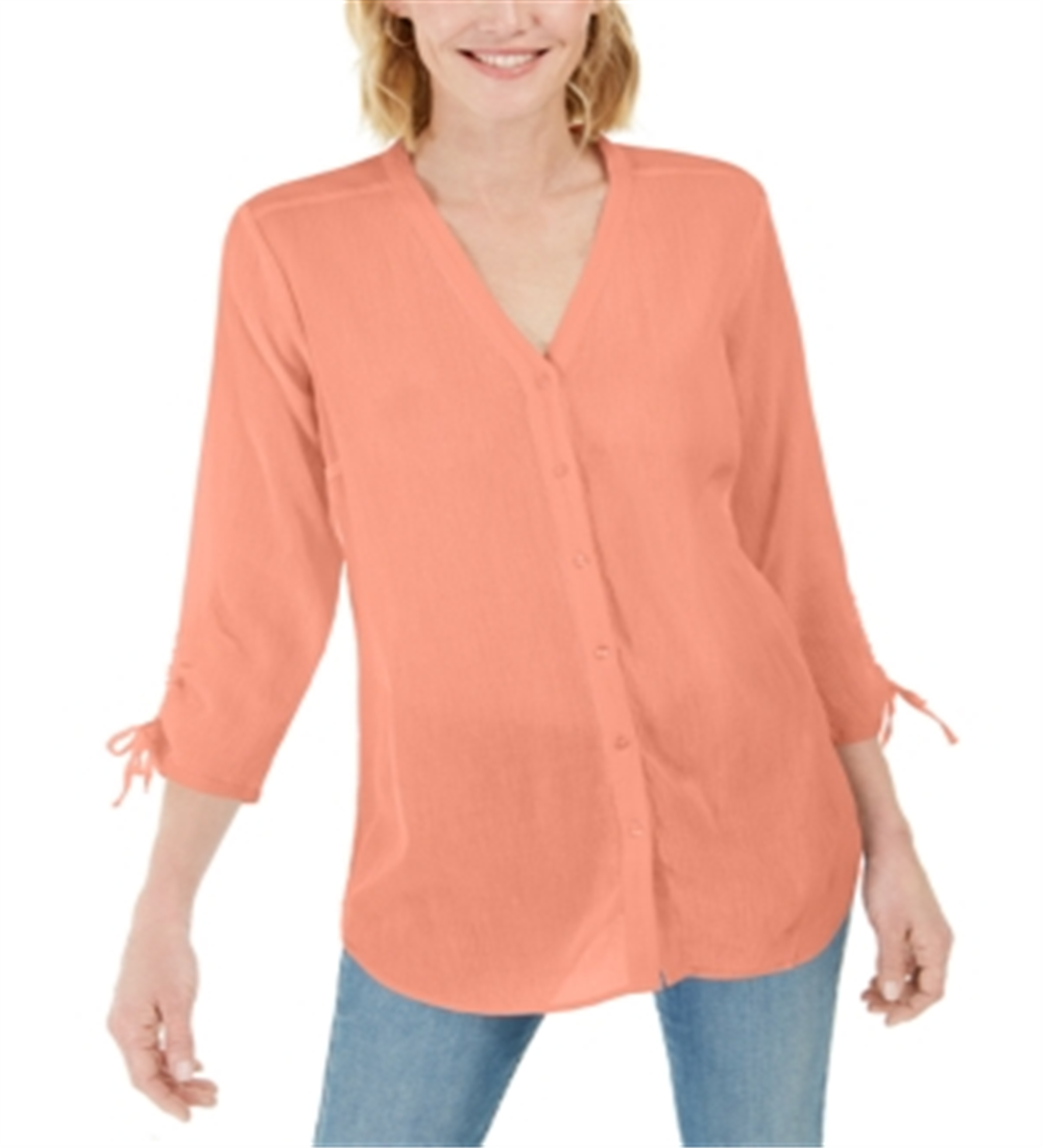Charter Club Women's Gauzy Tie Sleeve Blouse Orange Size Small