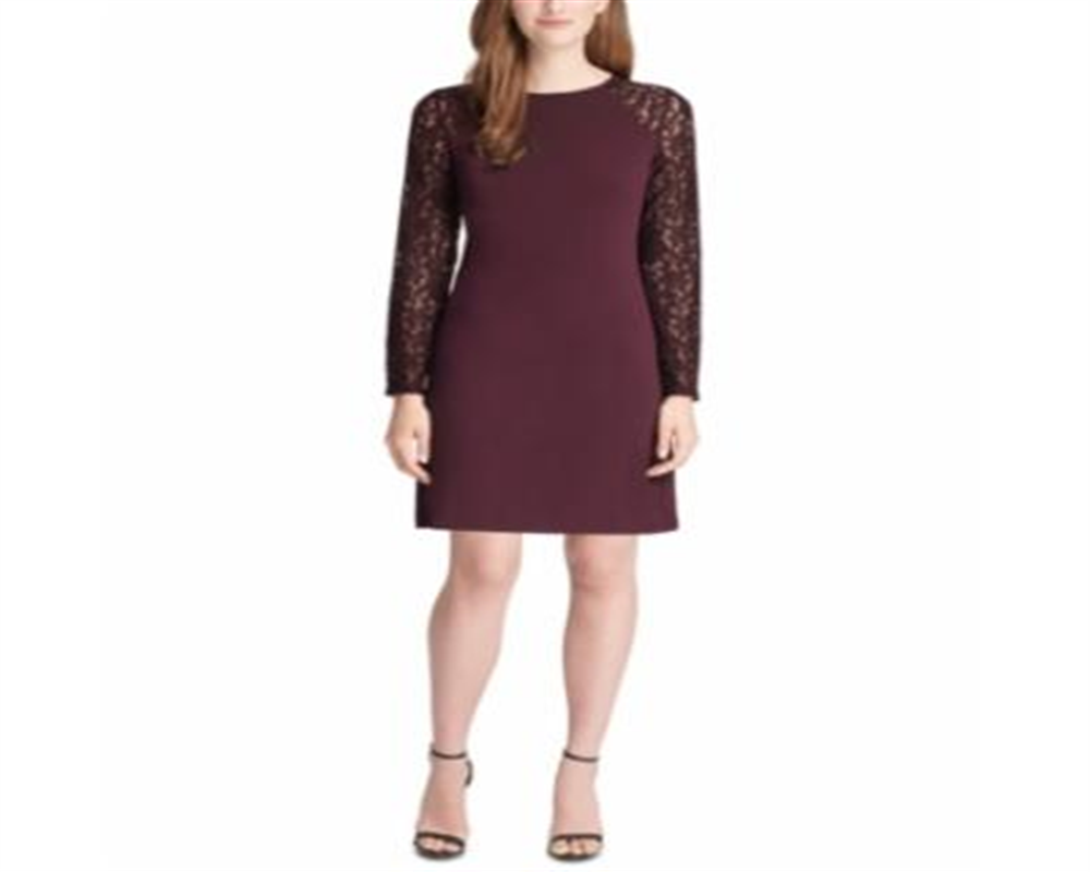 Tommy Hilfiger Women's Lace Sleeve a Line Dress Wine Size 10