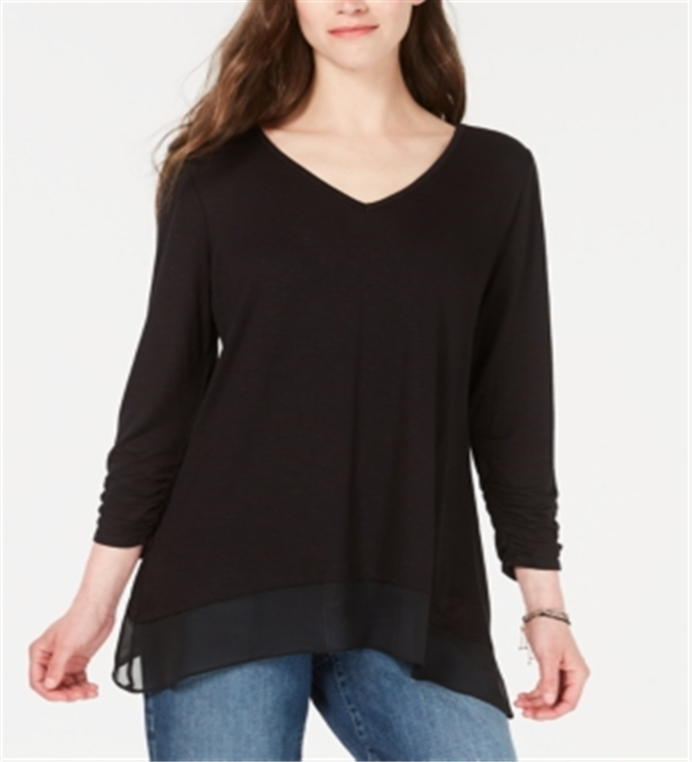 Style & Co Women's Chiffon-Hem Top Black Size Petite