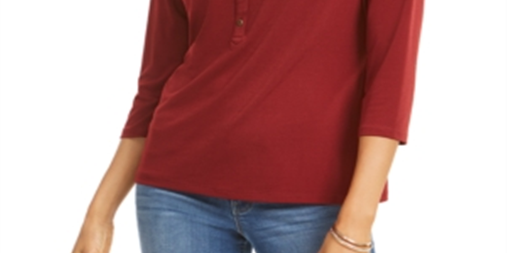 Charter Club Women's 3/4 Sleeve Polo Top Red Size Petite Small