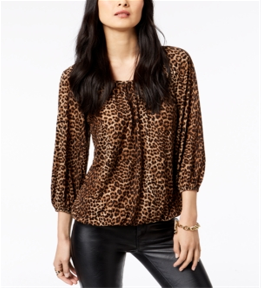 Michael Kors Women's Leopard Print Peasant Top Brown Size Petite