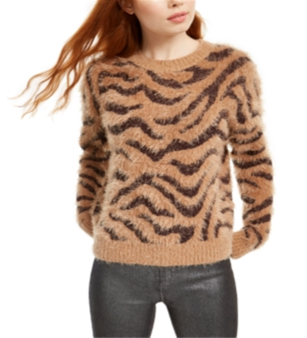 Hooked up by Iot Juniors' Fuzzy Zebra Sweater Brown Size Medium