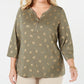 Karen Scott Women's Plus Foil Print Henley Top Green Size 0X