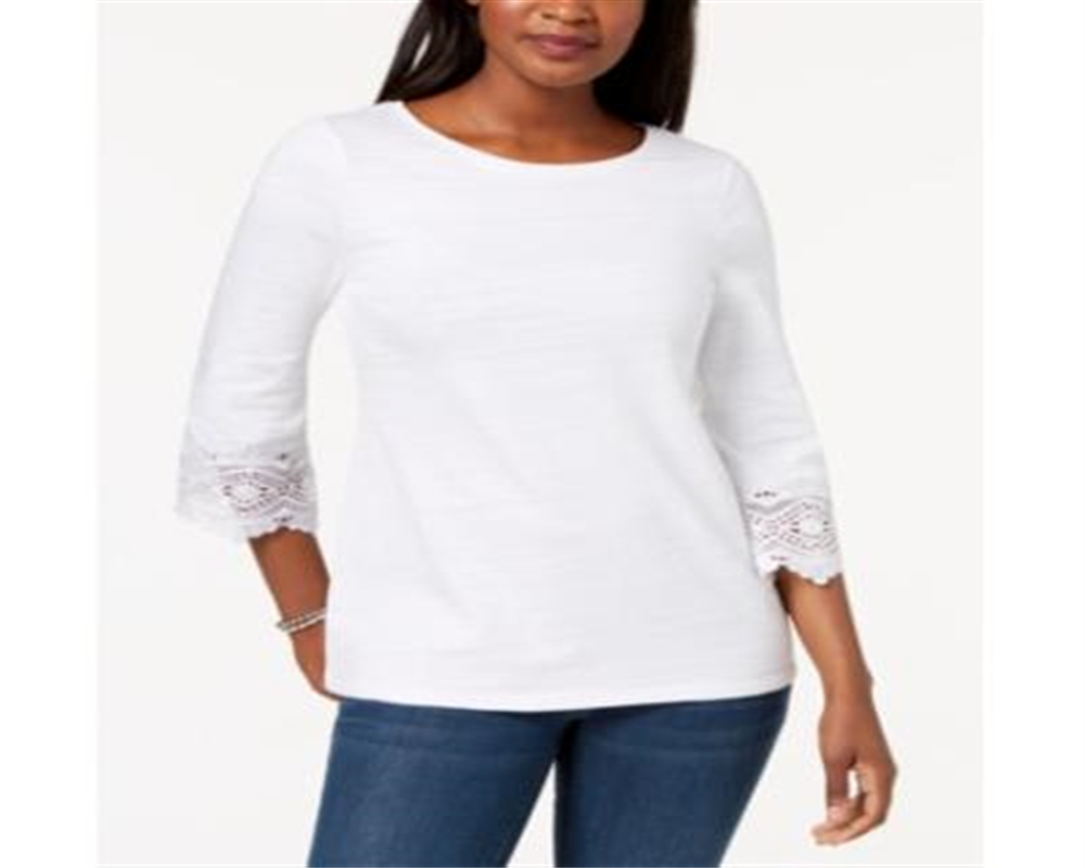 Charter Club Women's Cotton Lace Trim Top White Size Petite