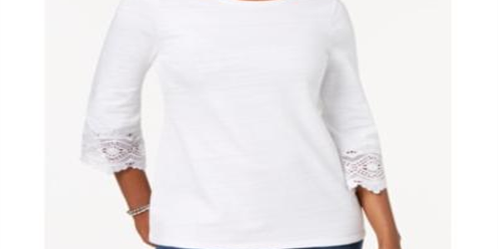 Charter Club Women's Cotton Lace Trim Top White Size Petite