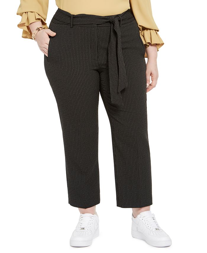 Bar III Women's Plus Striped Tie Waist Pants Black Size 24W
