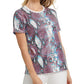 DKNY Womens Sequined Animal Print Short Sleeve Jewel Neck Top Blue Size XL