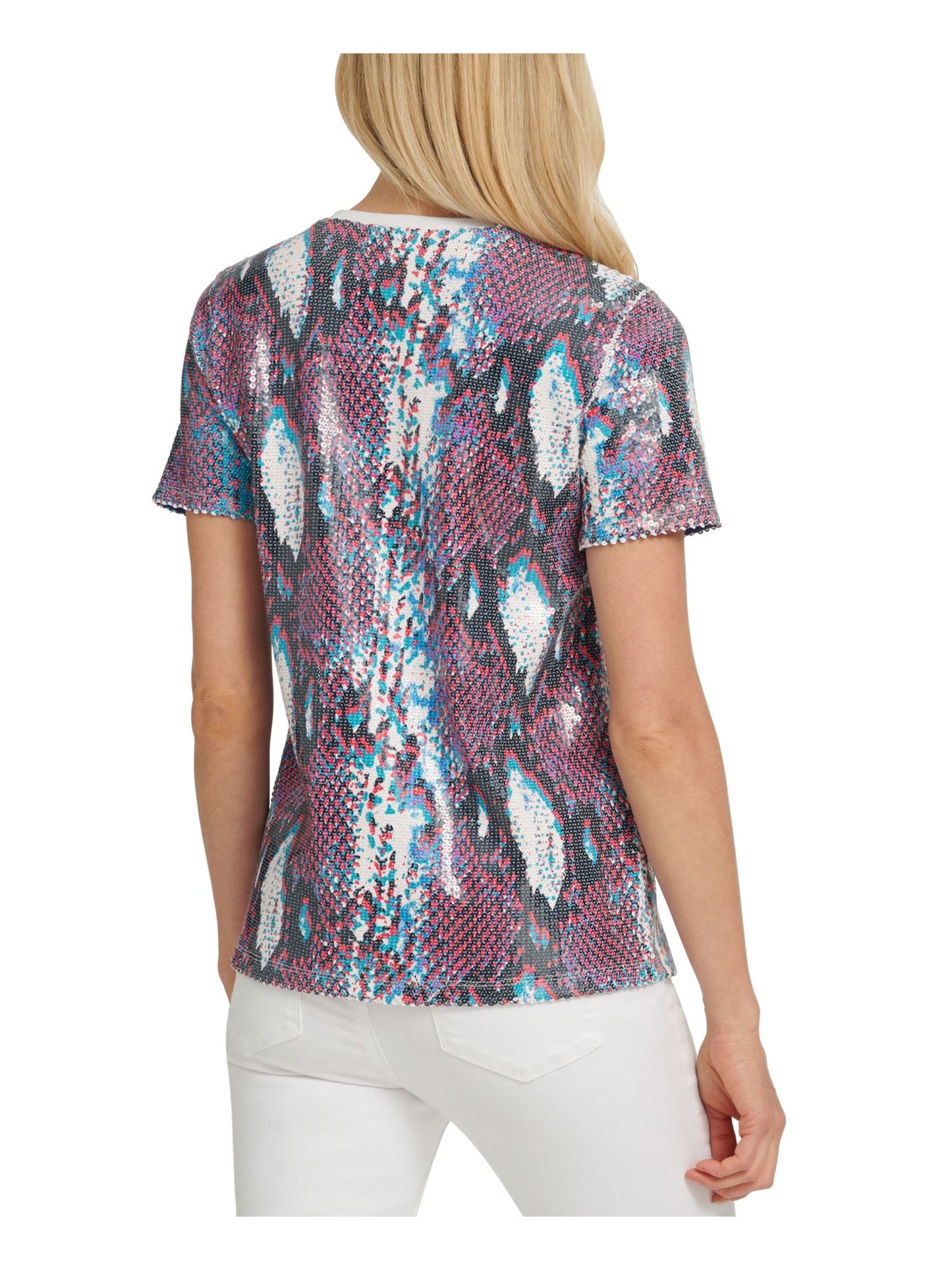 DKNY Womens Sequined Animal Print Short Sleeve Jewel Neck Top Blue Size XL