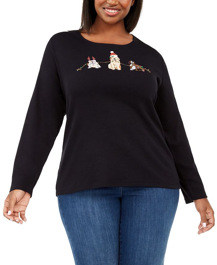 Karen Scott Women's Plus Caroling Dog Festive Lights Christmas Top Black Size 0X