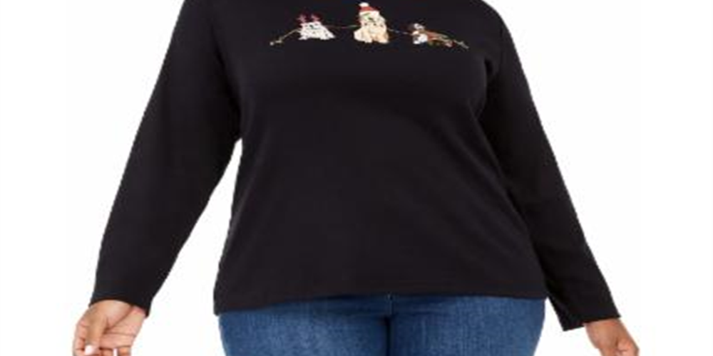Karen Scott Women's Plus Caroling Dog Festive Lights Christmas Top Black Size 0X