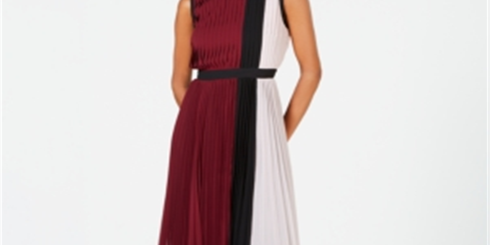 Alfani Women's Colorblocked Pleated MIDI Dress Purple Size Petite