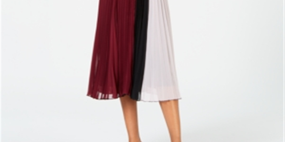 Alfani Women's Colorblocked Pleated MIDI Dress Purple Size Petite
