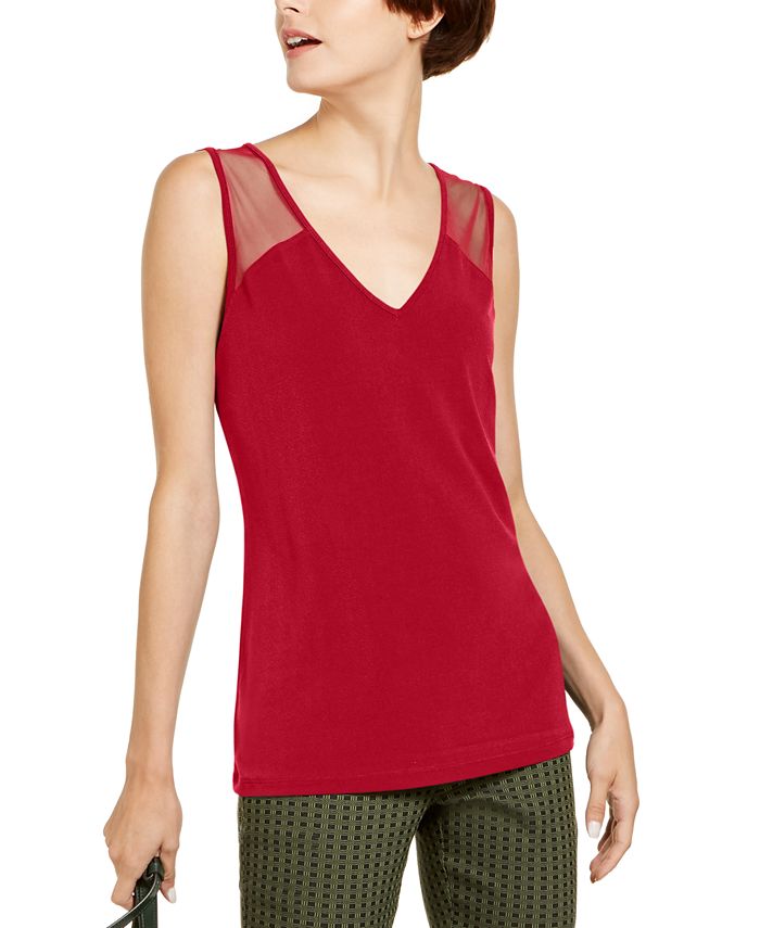 INC International Concepts Women's Sleeveless Illusion Inset Top -Red Size -XL