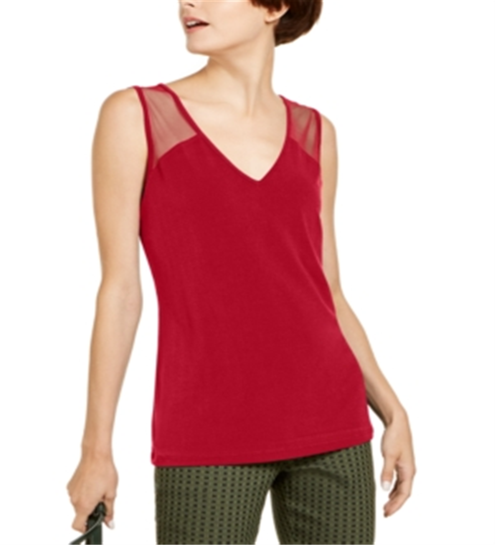 INC International Concepts Women's Sleeveless Illusion Inset Top -Red Size -XL