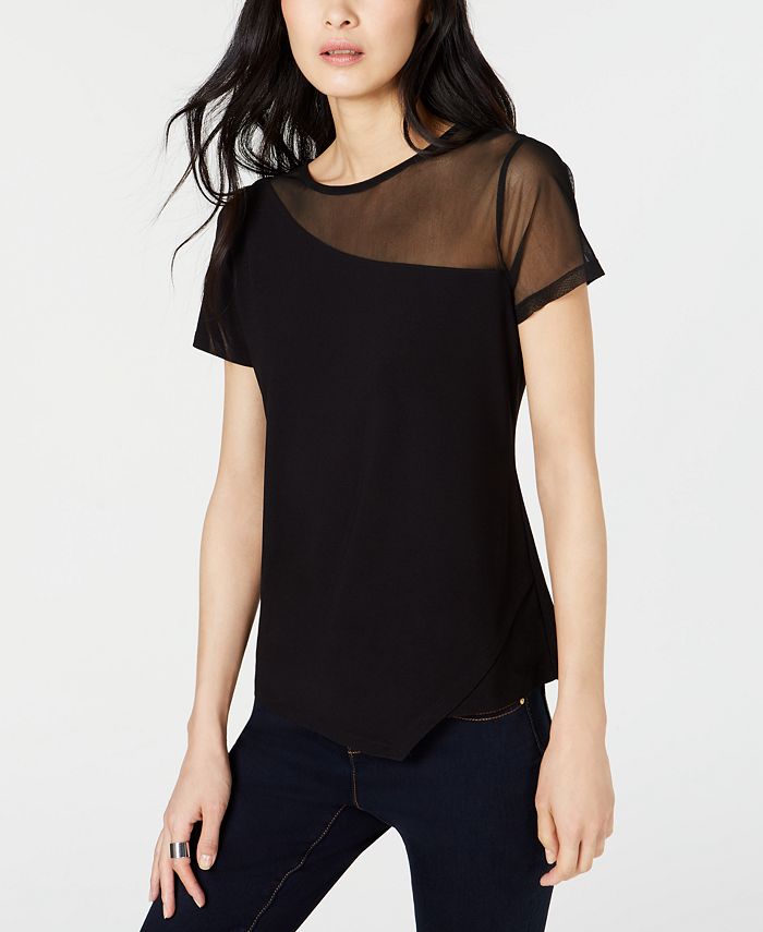INC International Concepts Women's Illusion Crew Neck T-Shirt Black Size XS