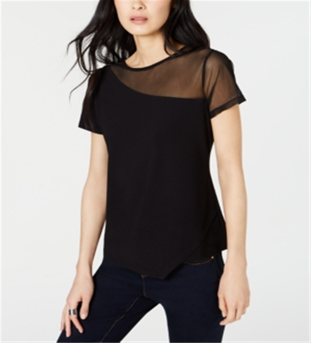 INC International Concepts Women's Illusion Crew Neck T-Shirt Black Size XS