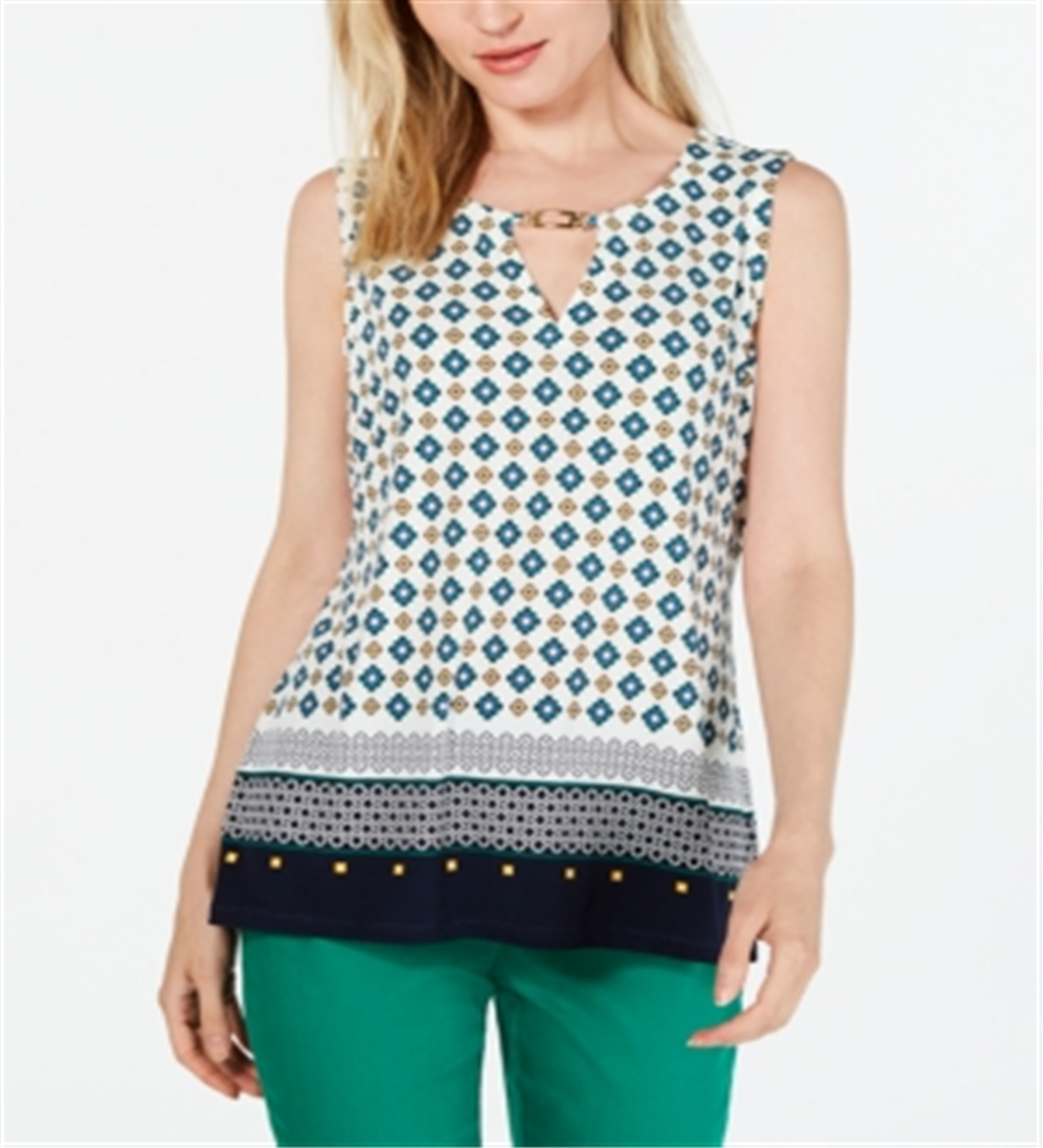 Charter Club Women's Printed Keyhole Neck Top White Size Medium