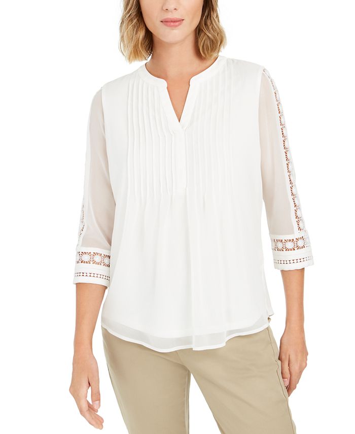 Charter Club Women's Sheer Sleeve Pintuck Top White Size Petite XL