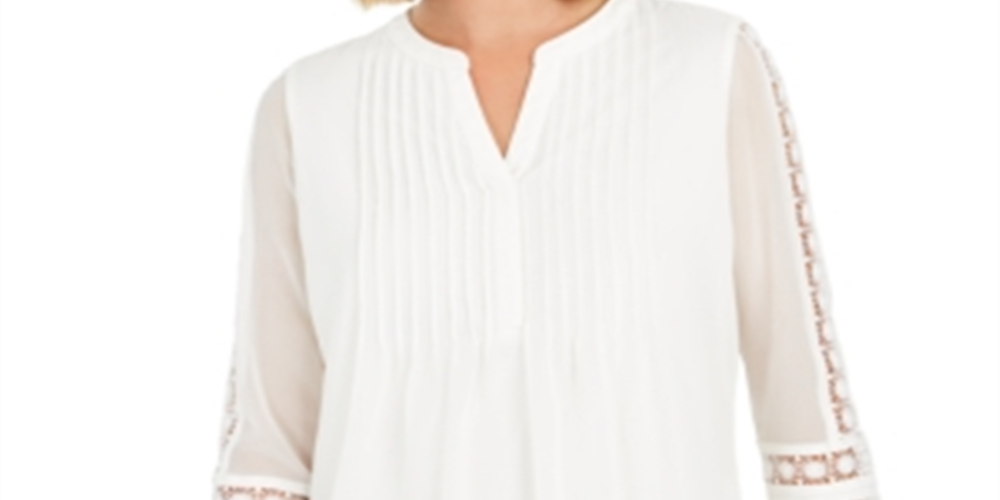 Charter Club Women's Sheer Sleeve Pintuck Top White Size Petite XL
