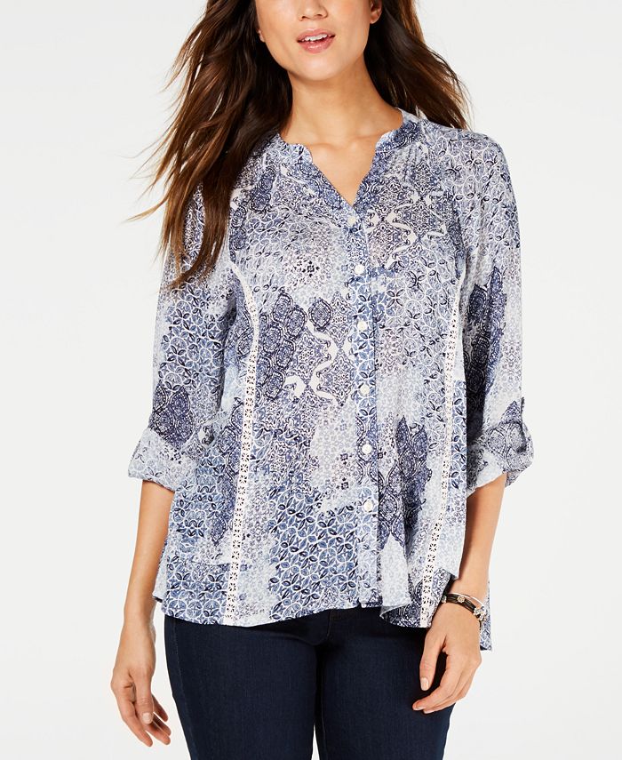 Style & Co Women's Printed High Low Button up Top Blue Size X-Small