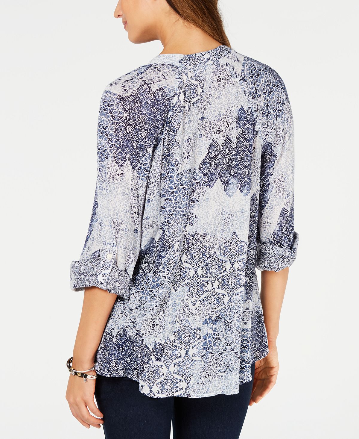 Style & Co Women's Printed High Low Button up Top Blue Size X-Small