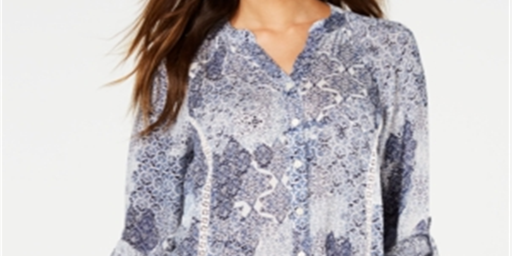Style & Co Women's Printed High Low Button up Top Blue Size X-Small
