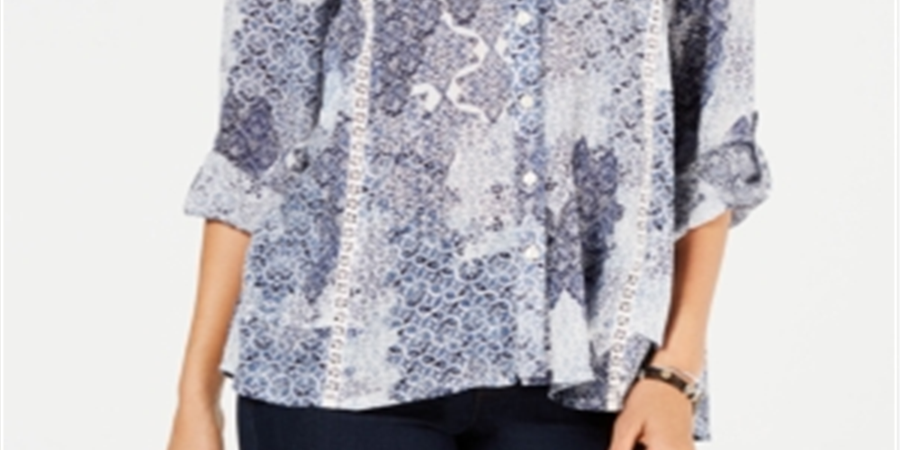 Style & Co Women's Printed High Low Button up Top Blue Size X-Small
