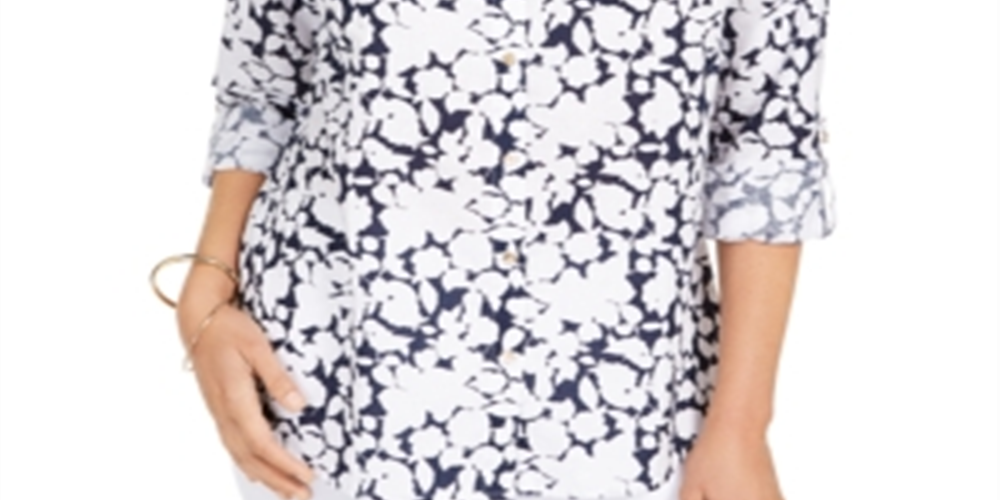 Charter Club Women's Floral Print Button Front Linen Blend Shirt Blue Size Petite XL