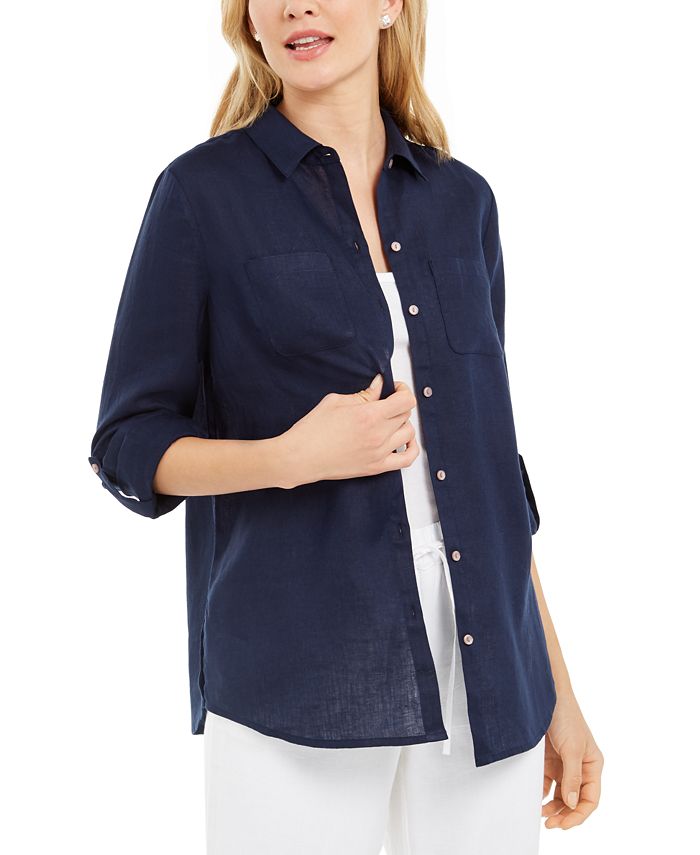 Charter Club Women's Linen Shirt Blue Size X-Large