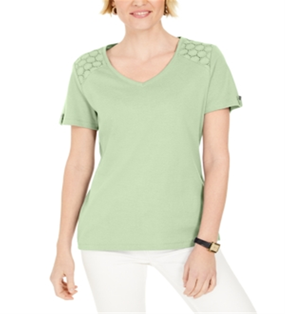 Karen Scott Women's Eyelet-Shoulder V-Neck Top Green Size XL