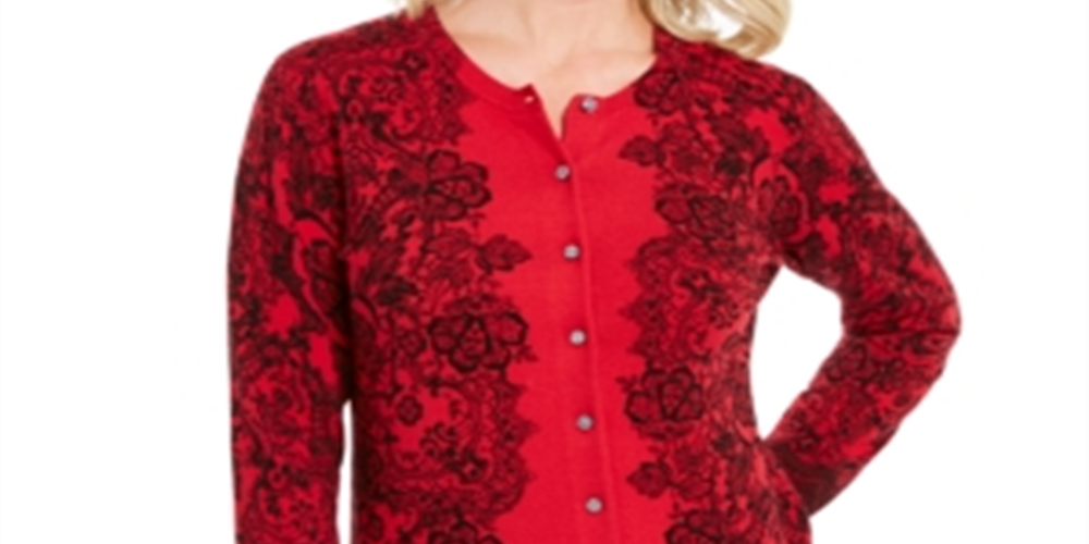 Karen Scott Women's Lace Trails Cardigan Red Size Petite