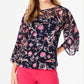 Charter Club Women's Bell Sleeve Printed Top Blue Size Petite