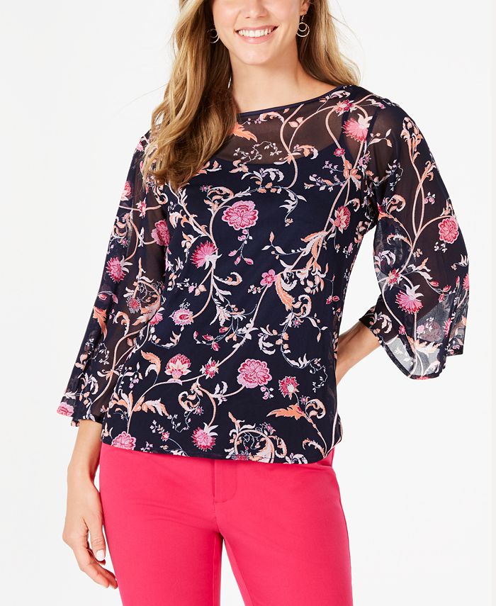 Charter Club Women's Bell Sleeve Printed Top Blue Size Petite