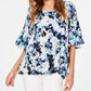 Alfani Women's Floral Print Ruffled Top Blue Size L