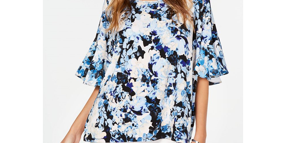 Alfani Women's Floral Print Ruffled Top Blue Size L