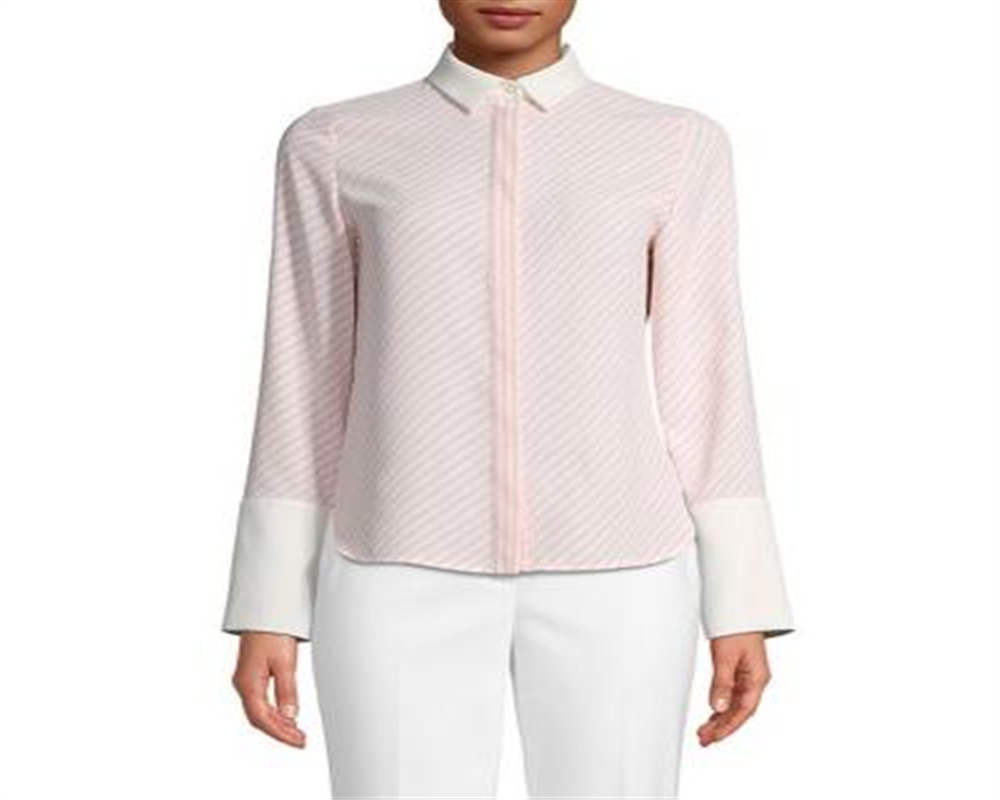 Anne Klein Women's Long Sleeve Stripe CDC Oxford Top White Size XS