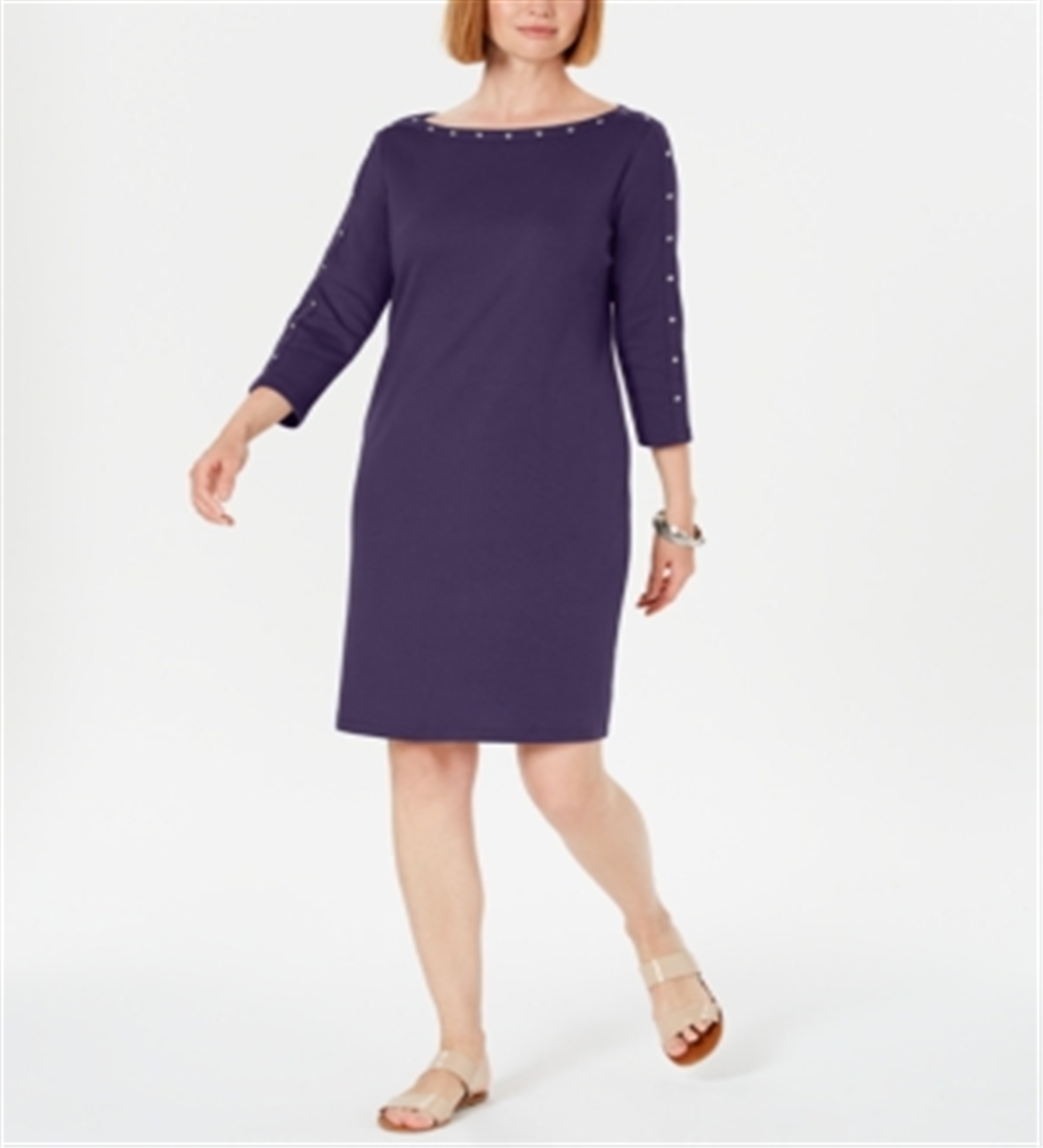 Karen Scott Women's Cotton Studded 3/4 Sleeve Shift Dress Purple Size XL