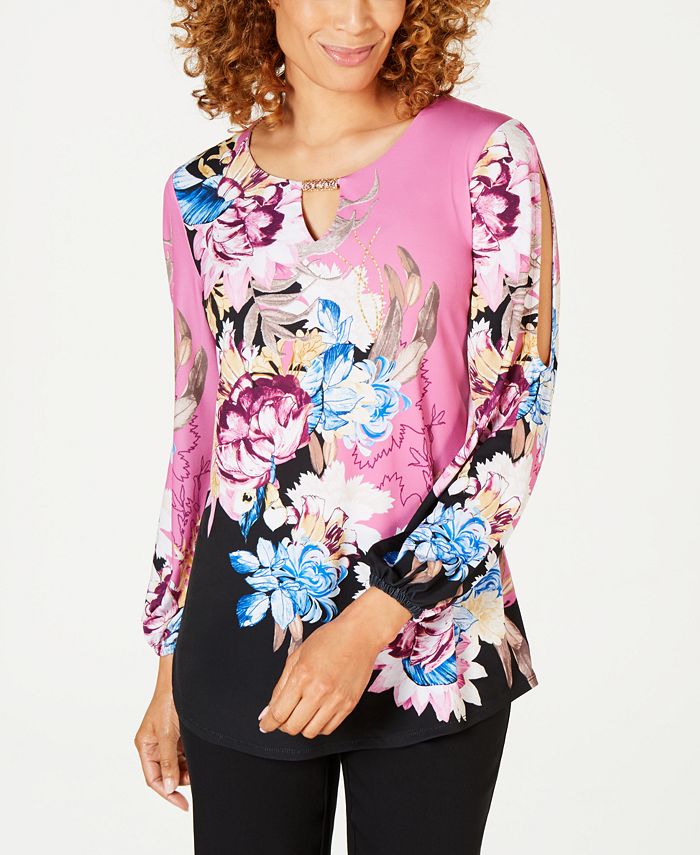 JM Collection Women's Split Sleeve Keyhole Tunic Pink Size Petite XL