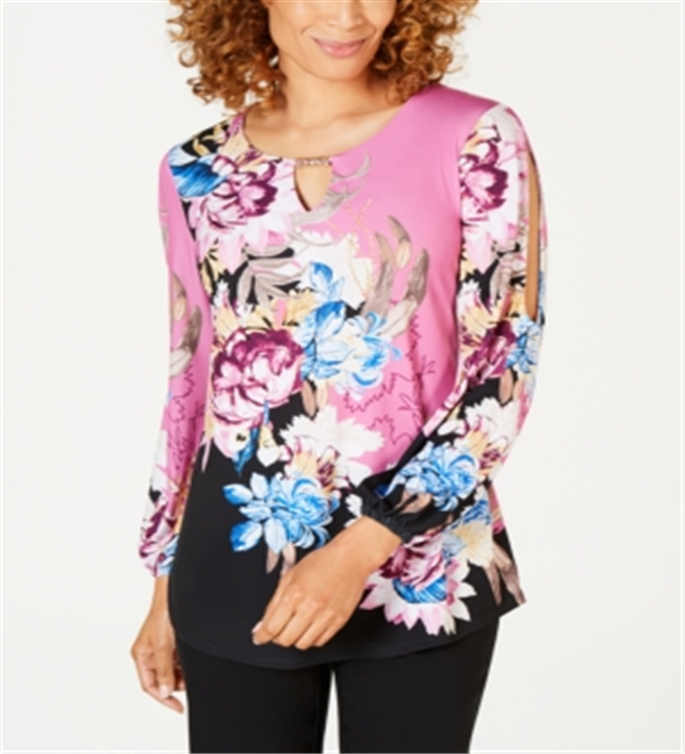 JM Collection Women's Split Sleeve Keyhole Tunic Pink Size Petite XL