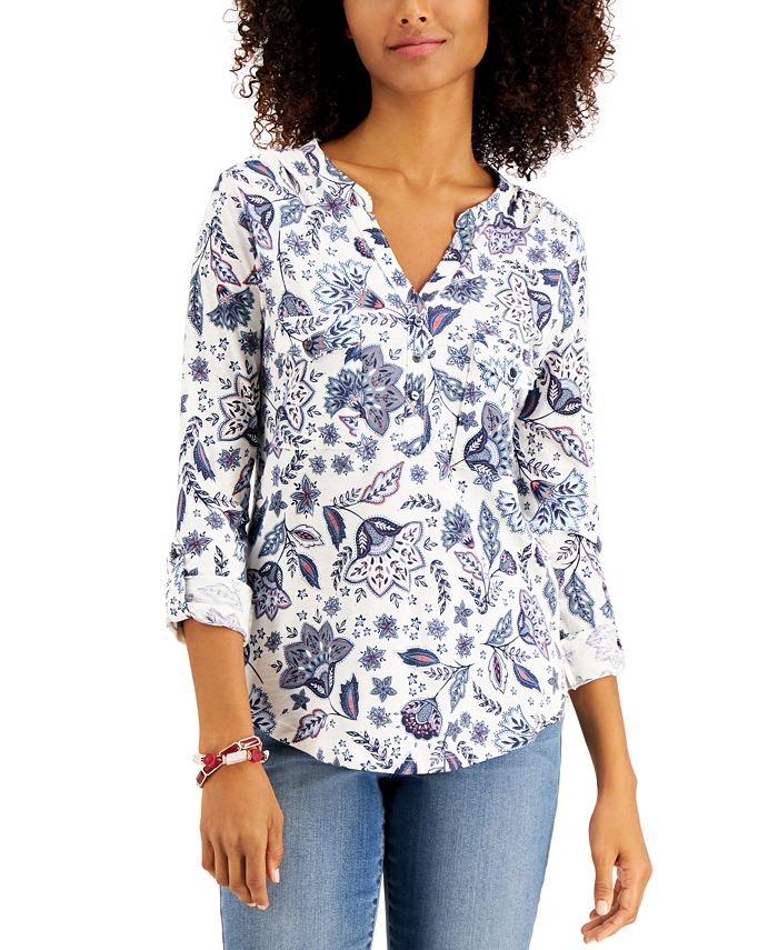 Style & Co Women's Cotton Printed 3/4 Button Front Top White Size Medium
