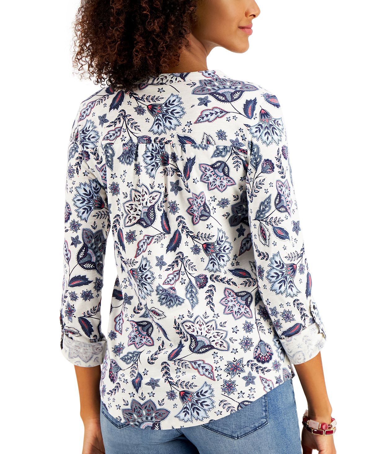 Style & Co Women's Cotton Printed 3/4 Button Front Top White Size Medium