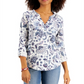 Style & Co Women's Cotton Printed 3/4 Button Front Top White Size Medium