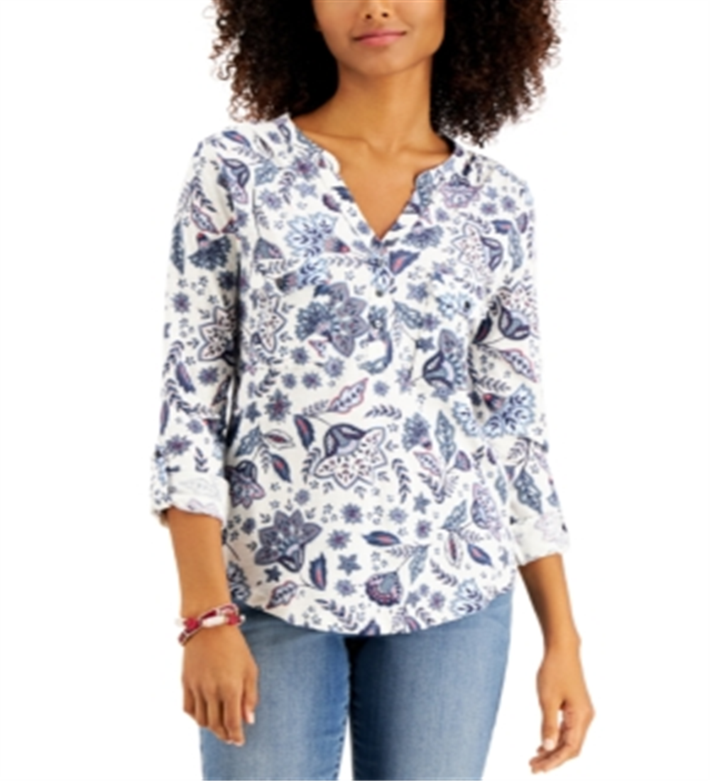 Style & Co Women's Cotton Printed 3/4 Button Front Top White Size Medium