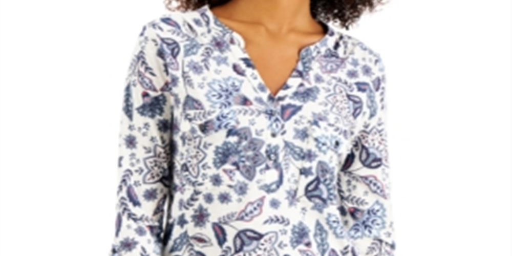 Style & Co Women's Cotton Printed 3/4 Button Front Top White Size Medium